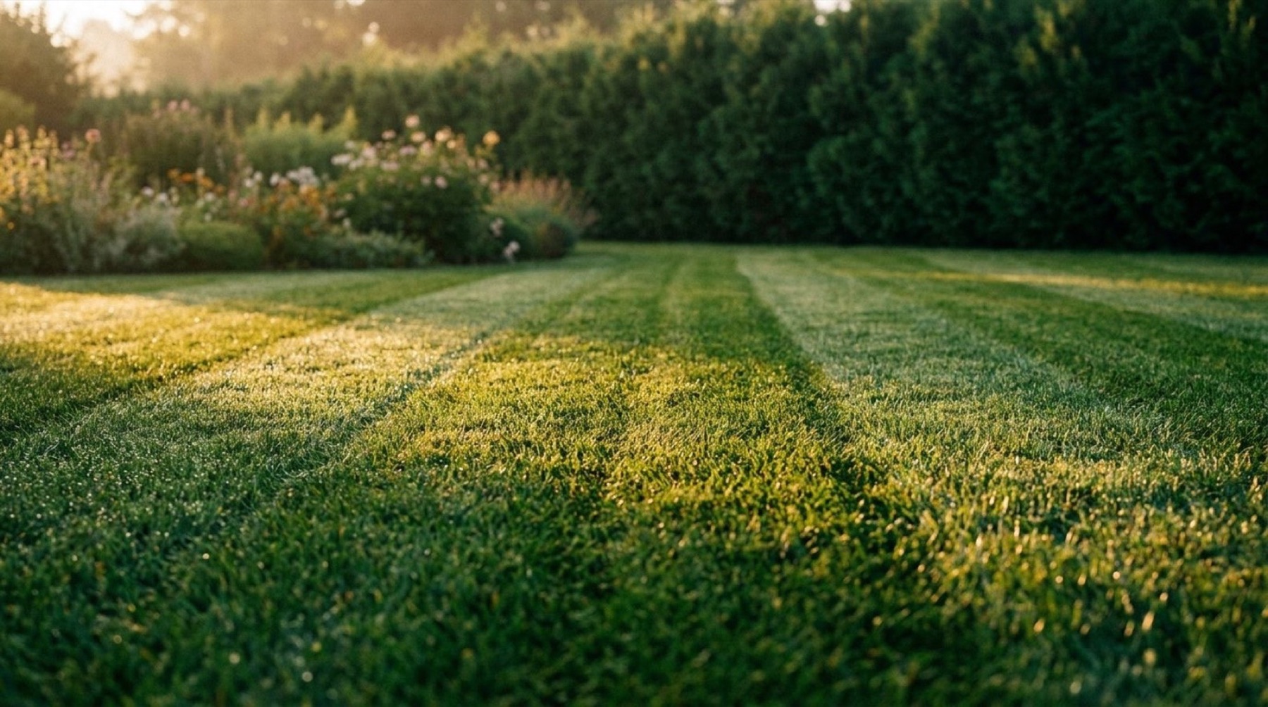 A mown lawn with cut stripes running up to a tall hedge