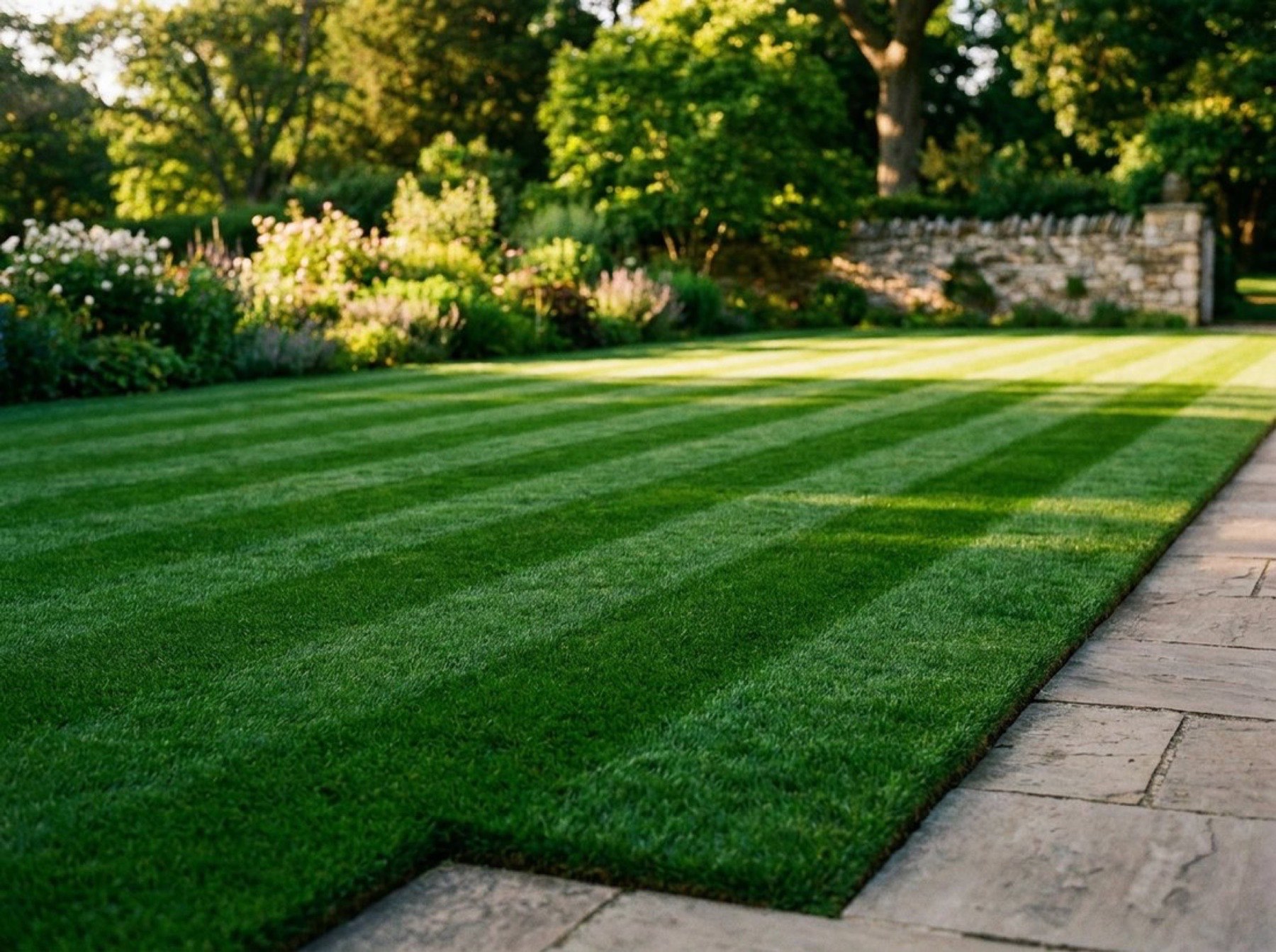 A striped lawn beside a low stone wall and flowering plants