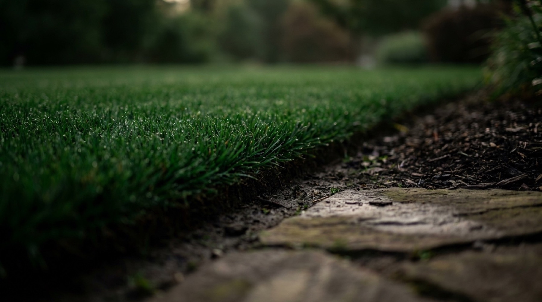 A close view of a mown lawn edge beside a stone path