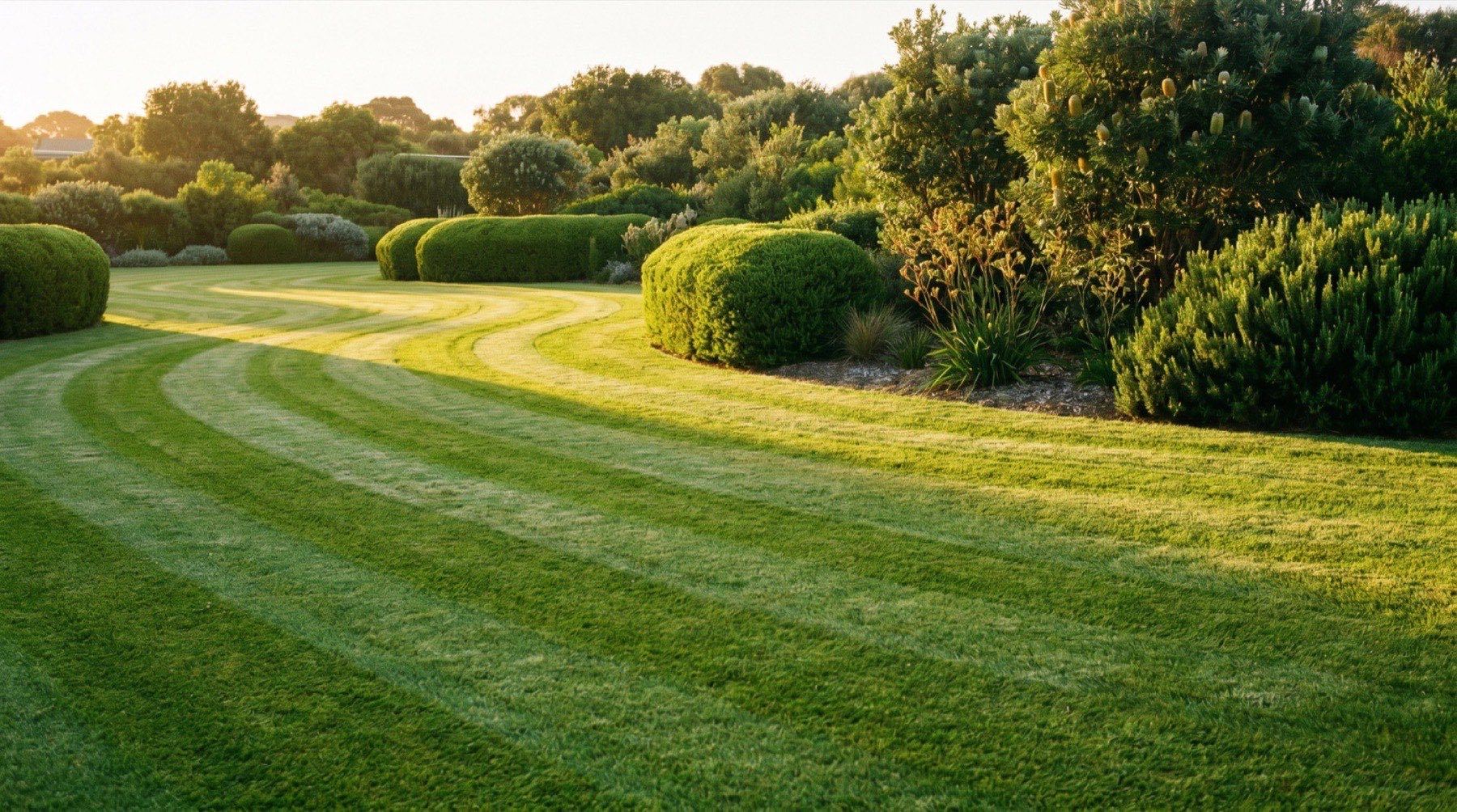 A curved mown lawn with rounded clipped shrubs along its edge