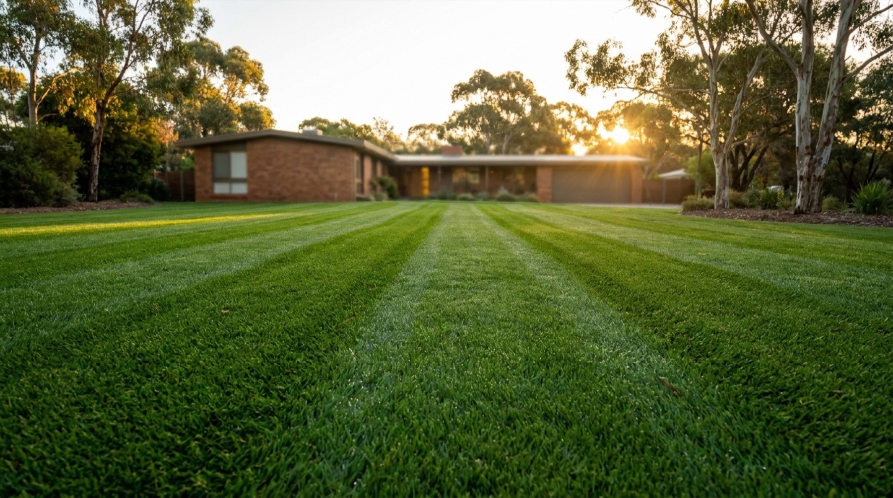 A striped lawn in front of a brick house with gum trees