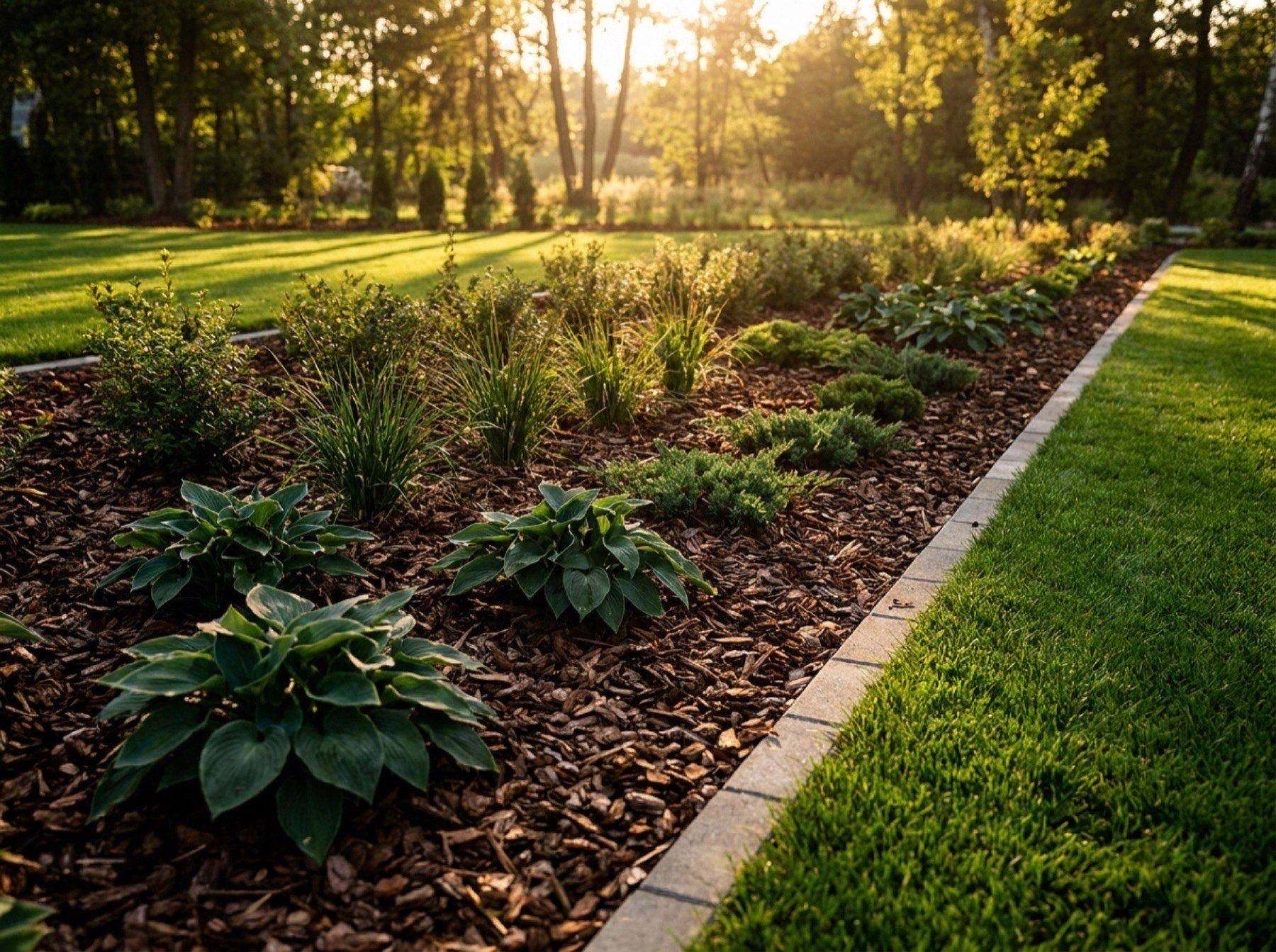 A mulched garden bed edged against a mown lawn