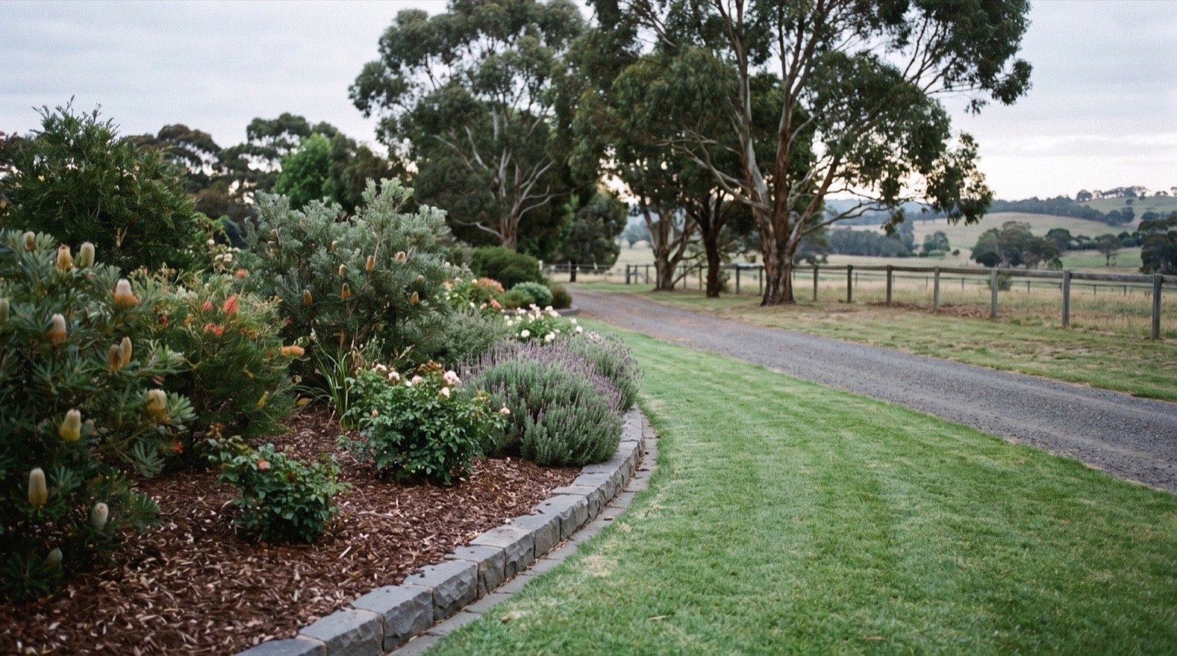 A gravel driveway running past a garden bed and gum trees