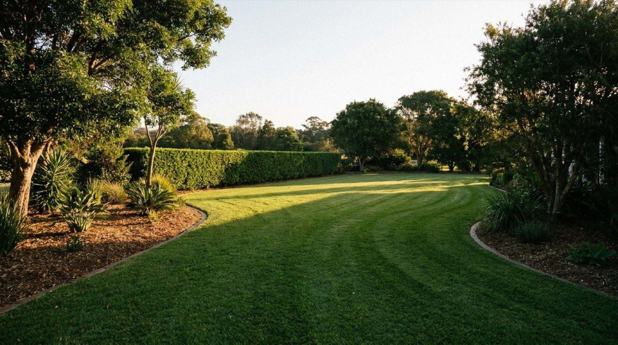 A sweeping mown lawn edged by a hedge and garden beds