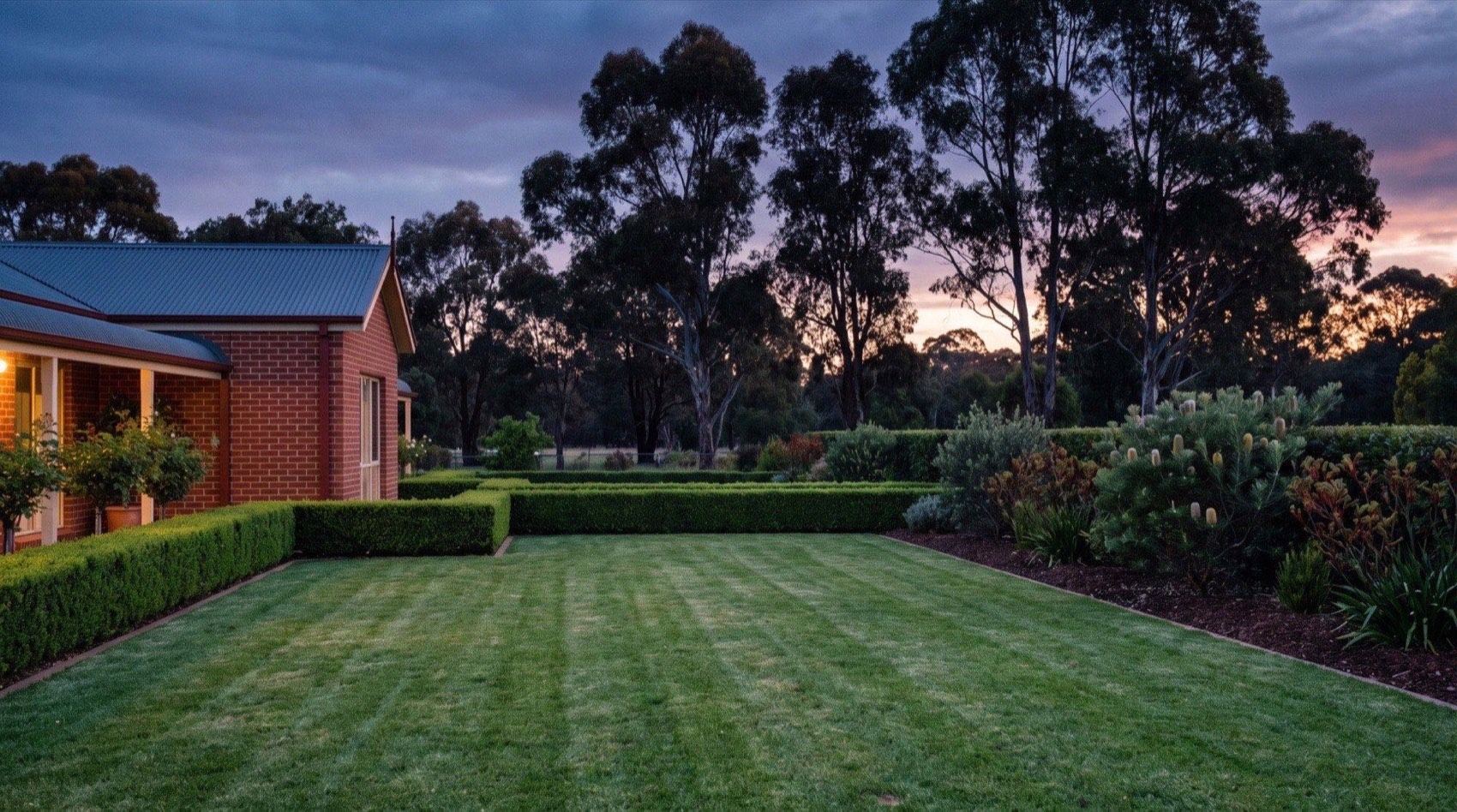 A brick house behind a clipped hedge and a striped lawn at dusk
