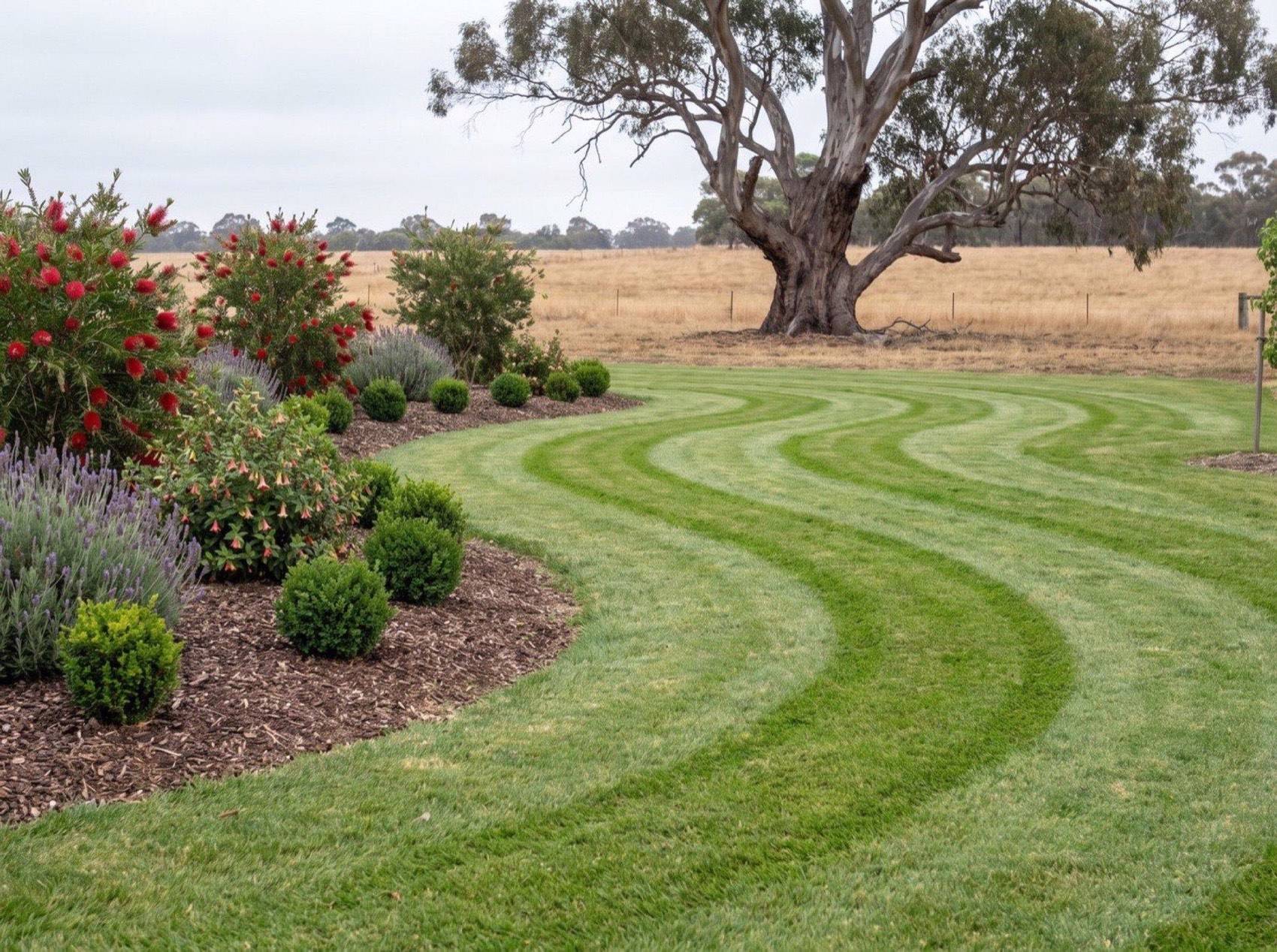 A curved mown lawn beside a garden bed with an old gum tree and paddock behind