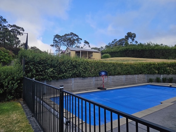 A pool enclosure with a clipped hedge along the fence line