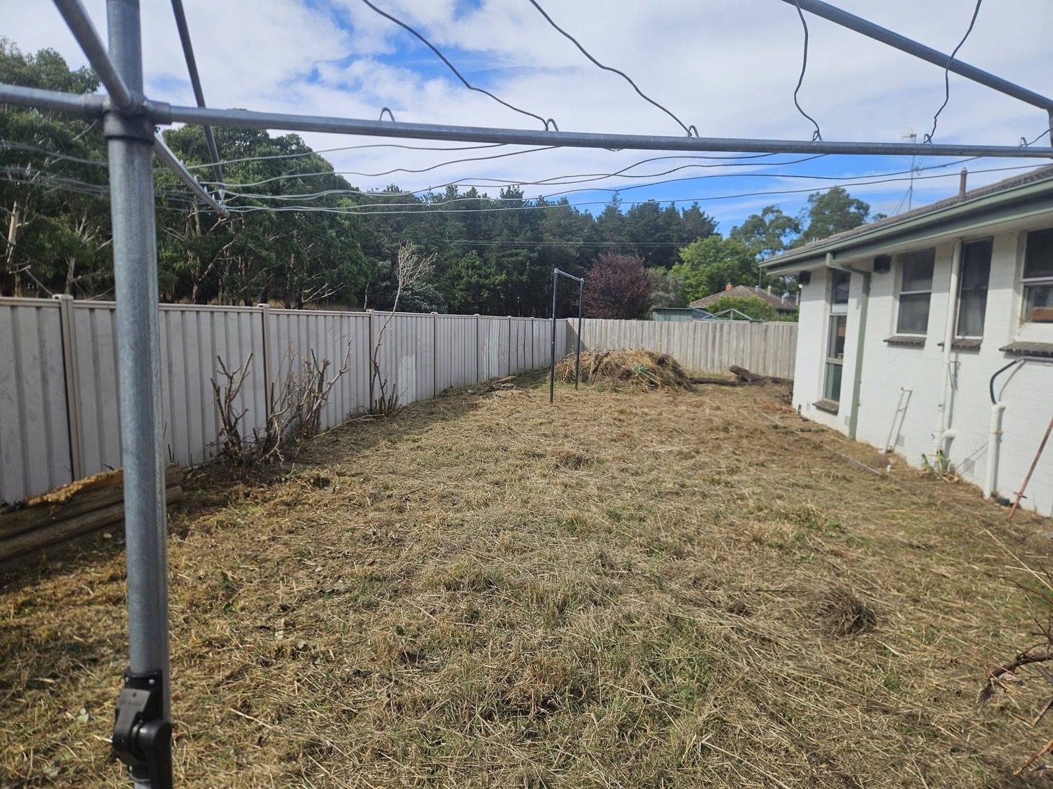 A large back yard cut short between a paling fence and the house
