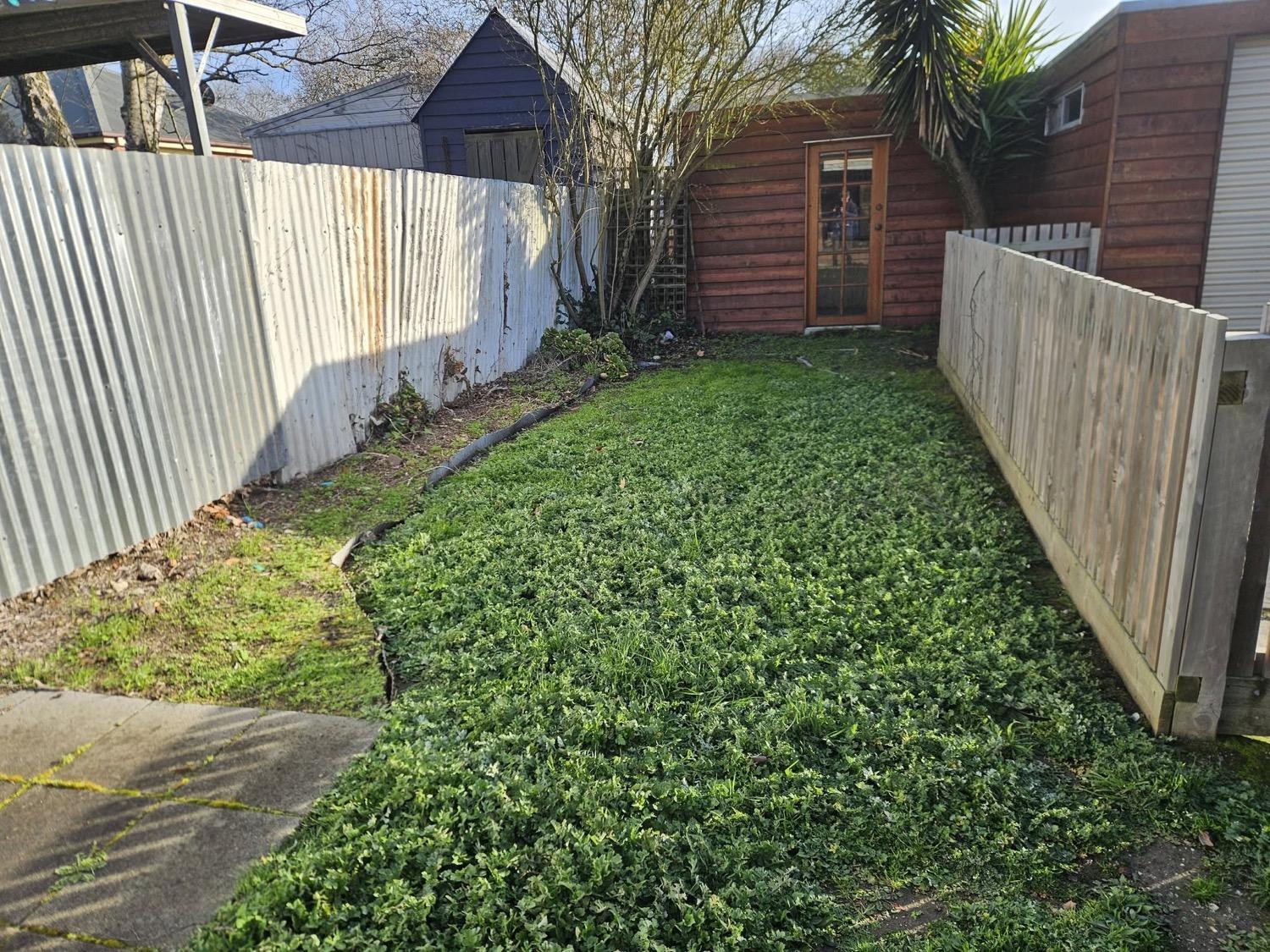 A green back lawn between a corrugated fence and a timber fence